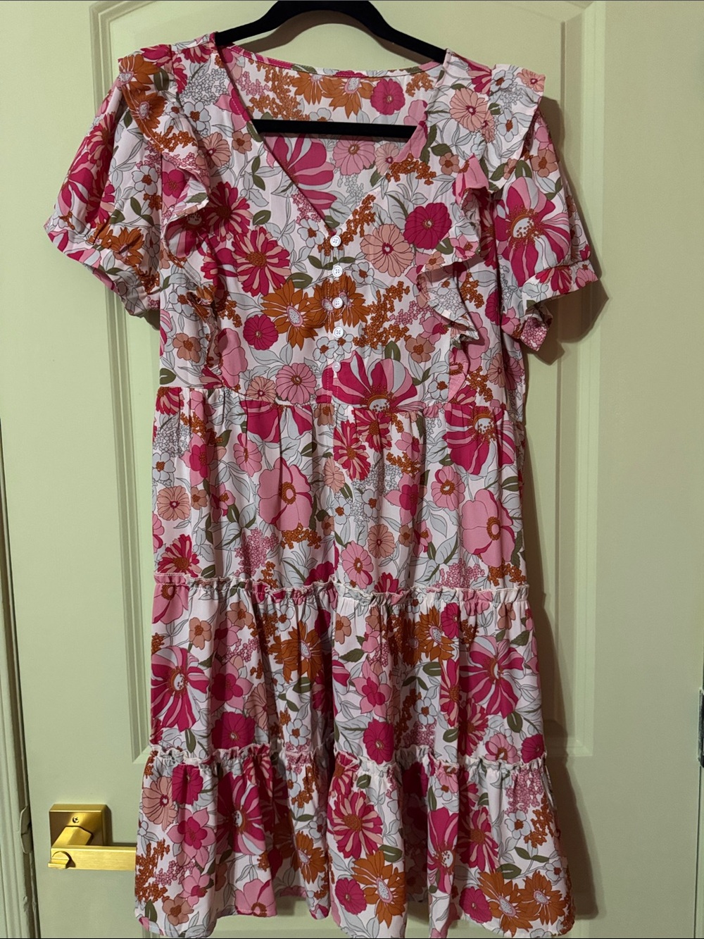 Floral Ruffle Tiered V-Neck Dress - Pink & Rust